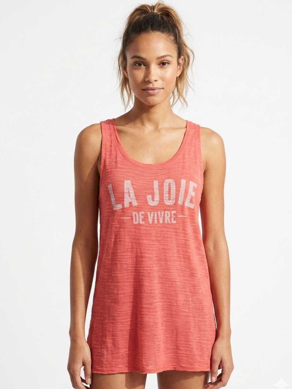 Pull & Bear Coral Pink Graphic Slub Knit Tank Top "La Joie De Vivre" Size Large